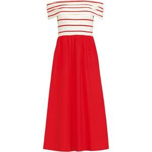 NWT Lands End M Off Shoulder Slender Mixed Media Dress Ivory Bright Poppy Stripe